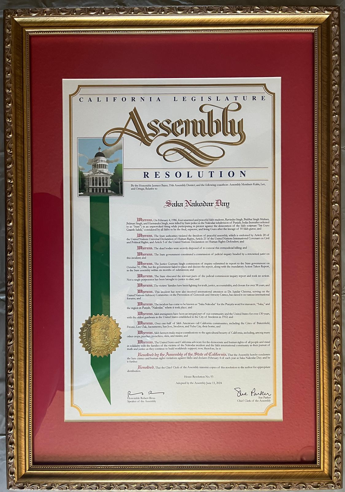 California Legislature Assembly Resolution Recognizing Saka Nakodar 1986 Day